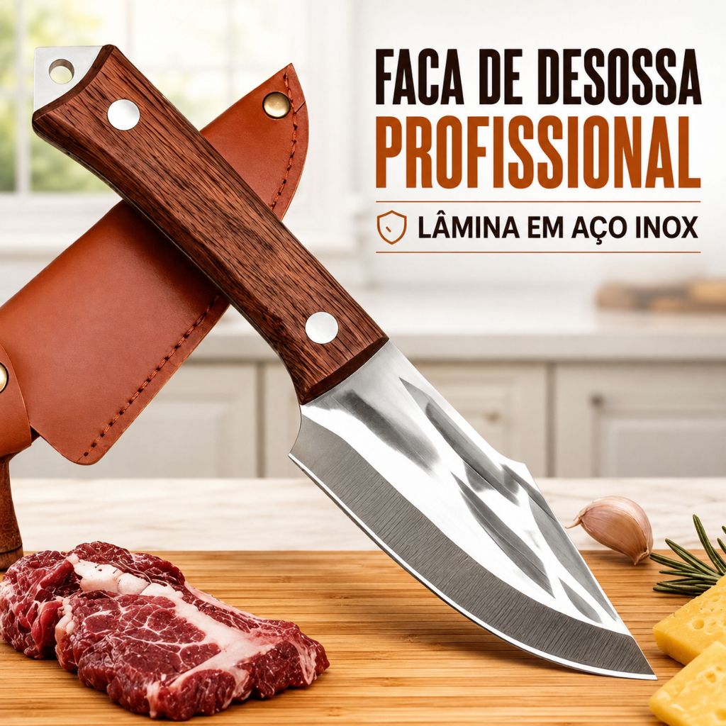 Faca de Desossa Profissional Forjada Artesanal com Bainha – Cutelo Rústico para Churrasco e Cozinha