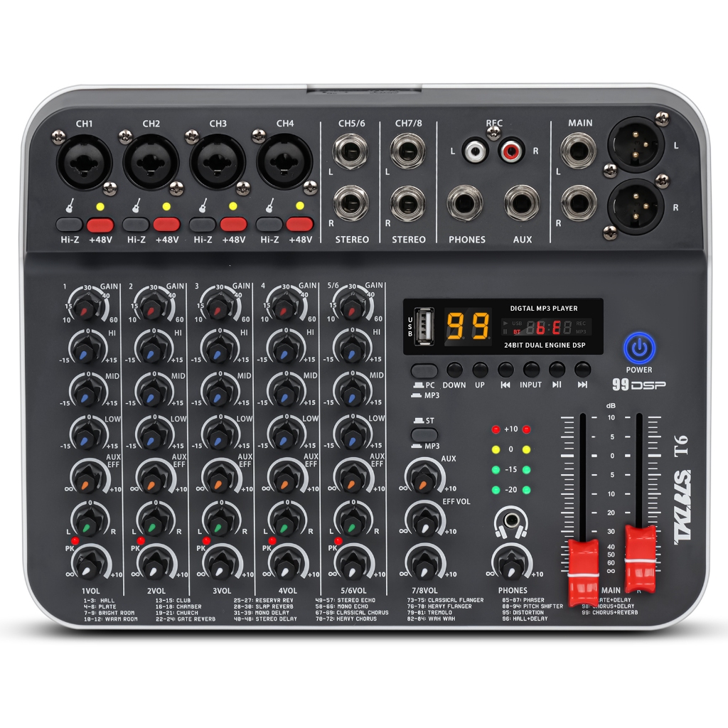 Mesa de Som Profissional T6 Mixer de Áudio 6 Canais Bluetooth USB 48V Phantom Power para Computador