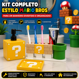 Kit Banheiro 3 Peças Infantil Gamer Porta Escovas Dispenser Saboneteira Organizador Temático Banheiro saboneteira