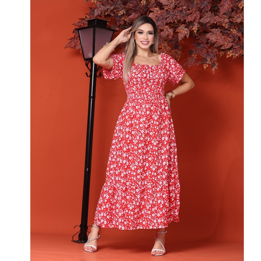 VESTIDO LASTEX ESTAMPADO LONGO MIDI CIGANINHA OMBRO A OMBRO TRES MARIAS BABADO ELASTICO FLORAL