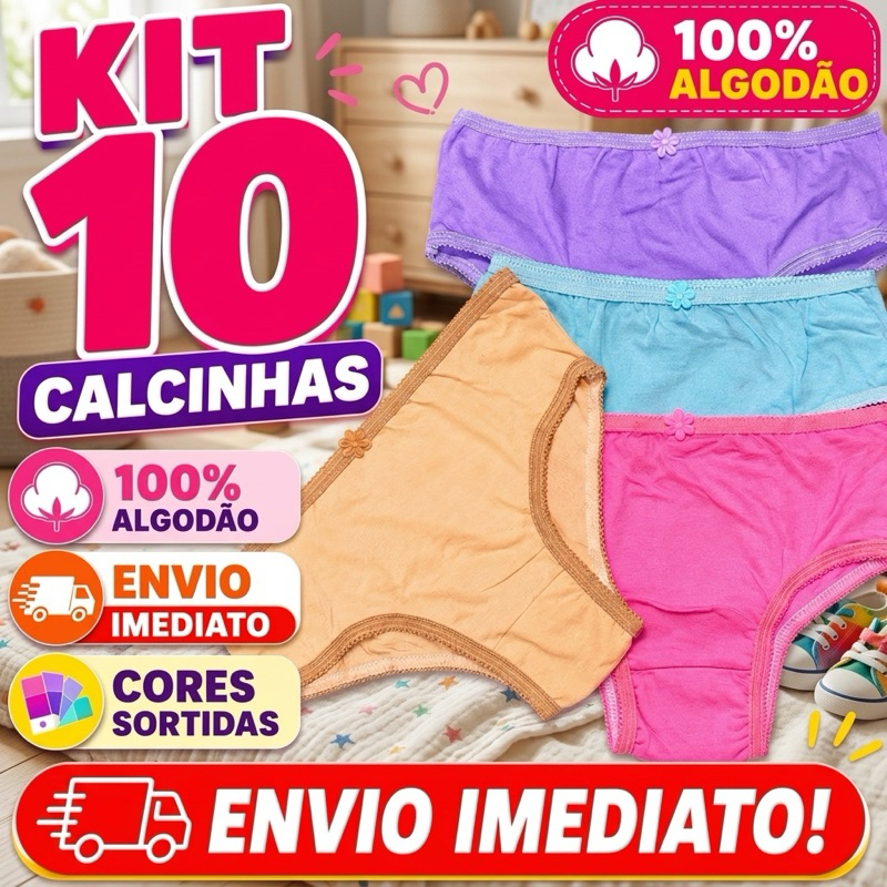 Kit 10 Calcinhas Juvenis Feminina Algodão Premium Conforto Diário