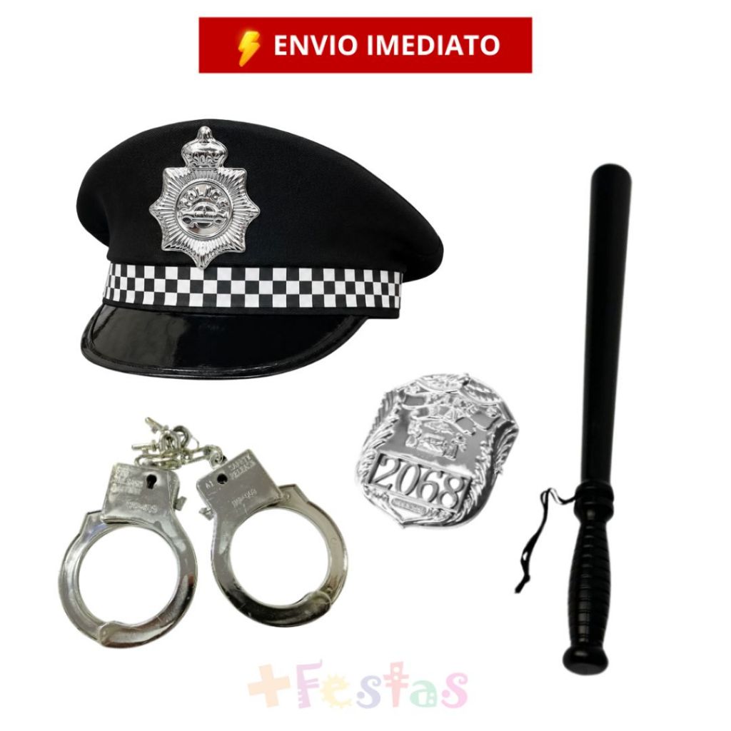 Kit Fantasia Adulto Infantil Policial Carnaval Chapéu Cacetete Algema Distintivo