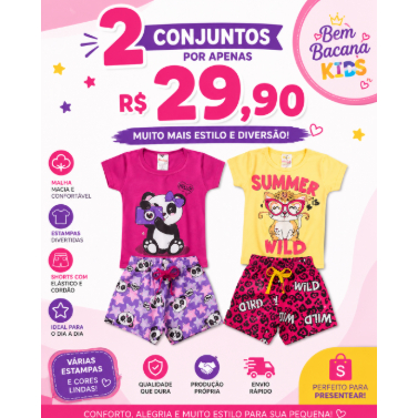 Produto Kit Sortido 4 Peças de Roupas Infantil Menina  Camisetas + 2 Bermudas - Kit 2 Conjuntos Infantil Menina Verão Be