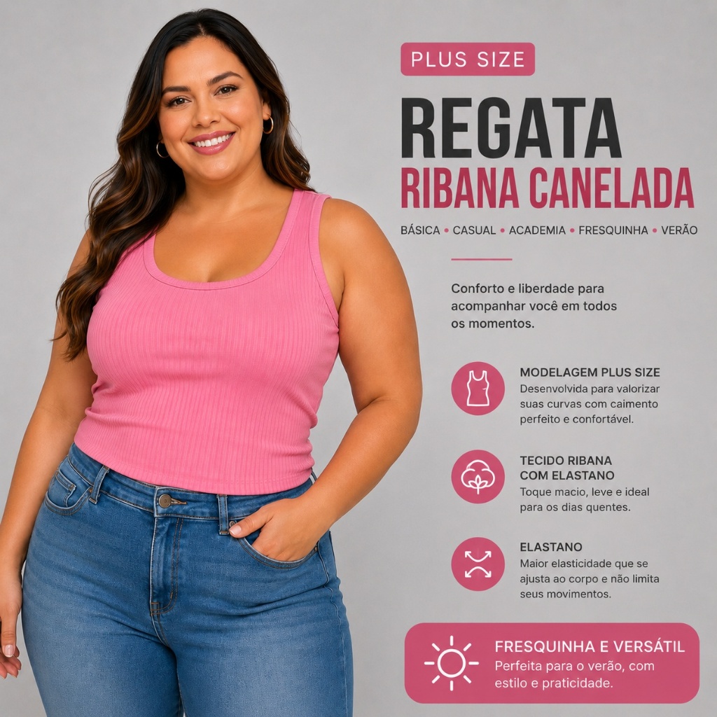 Regata Feminina Plus Size Ribana Canelada Elastano Confortável Casual Básica Verão Versátil 25722-C2