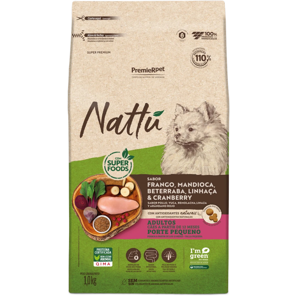 Ração Premier Cães Adultos Pequeno Porte Sabor Mandioca 1Kg Nattu