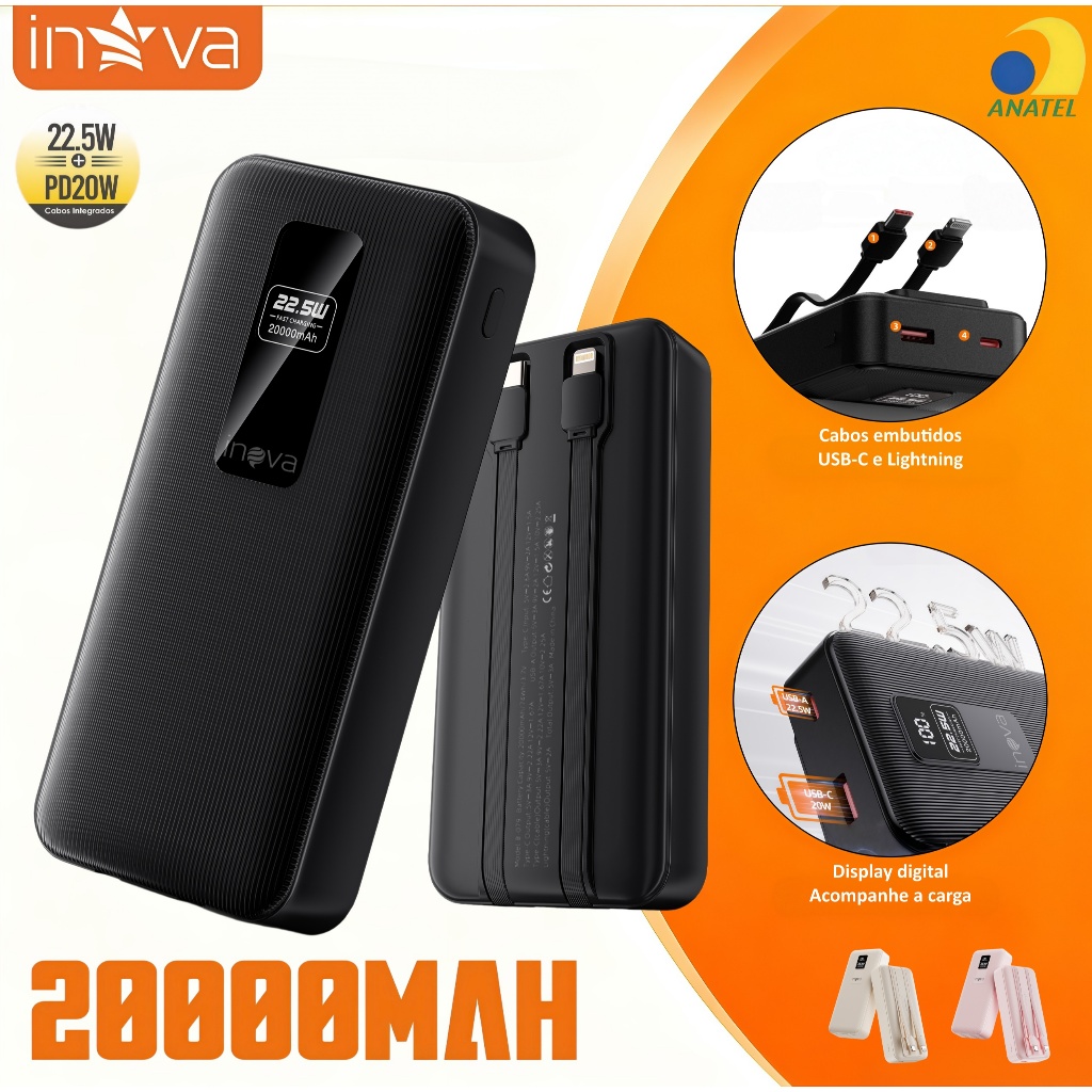 INOVA Power Bank 10000/20000mAh 22.5W Carga Rápida Display LED Portátil Universal