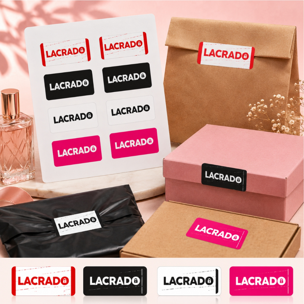 Kit 3 Cartelas Adesivos escrito “LACRADO PARA SUA SEGURANÇA” para embalagens, tampas produtos, cosméticos, perfumarias.