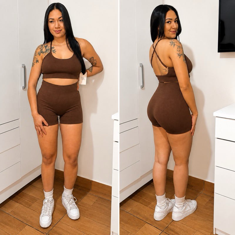 Conjunto de Academia Feminino Canelado Compressão com Regulagem e Bojo removível Zero transparência Top e Short