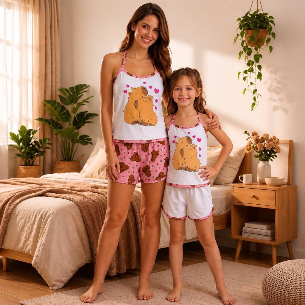 Kit Short Doll Mãe e Filha Alcinha Estampada Atacado Baby Doll Pijama Feminino Short Doll Infantil Pijama Feminino