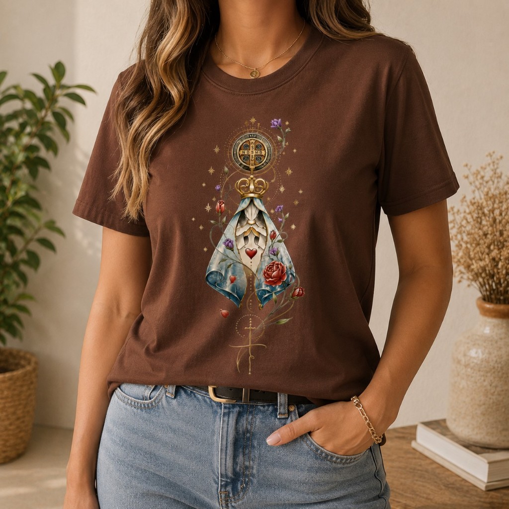 Camiseta Nossa Senhora Aparecida Feminina 100% Algodão Estampa Religiosa Católica Medalha São Bento Fé e Proteção