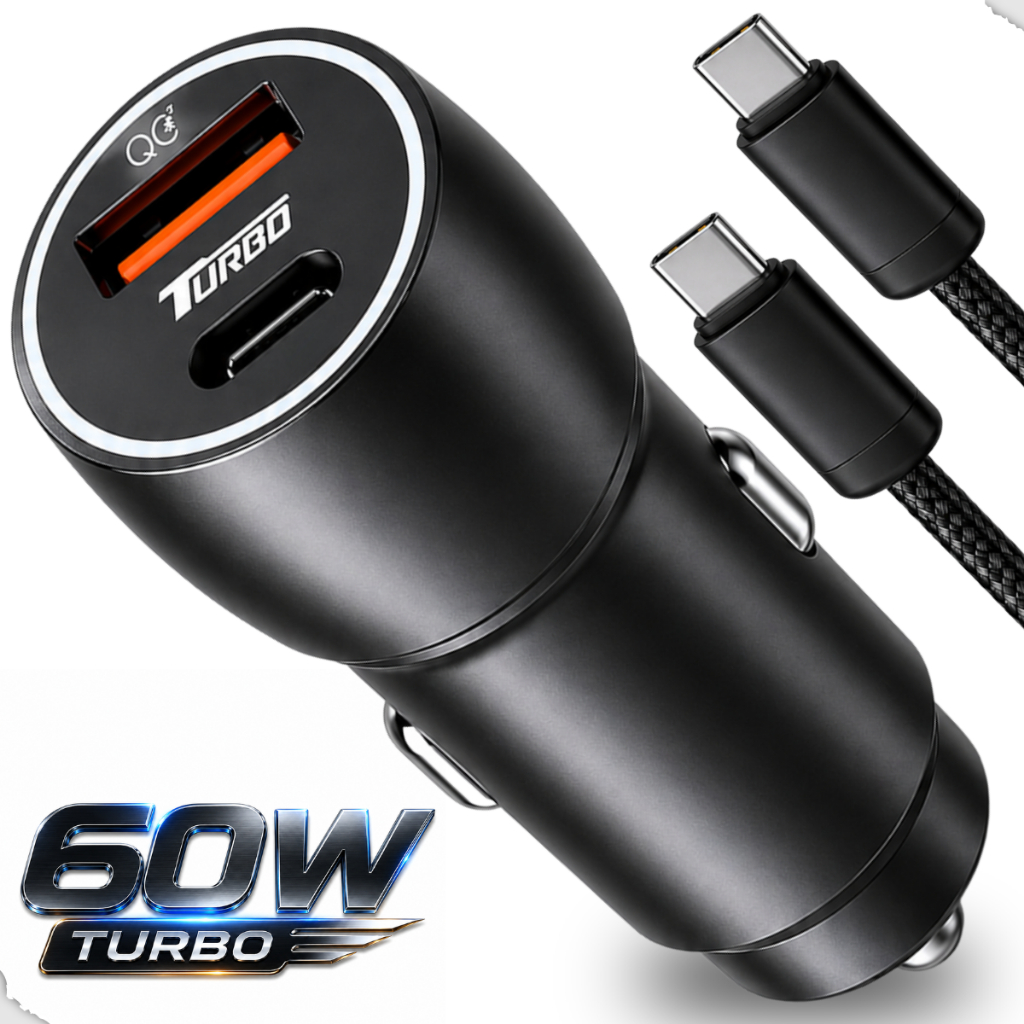 Kit Carregador Veicular Turbo 60W PD + USB-C Com Cabo Tipo-C  Compatível Com Android e iPhone
