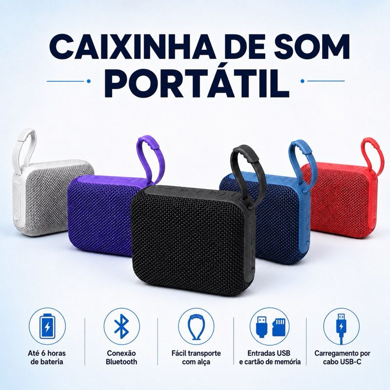 Caixa de Som Bluetooth Portátil Recarregável com USB Cartão SD e Até 6h de Bateria