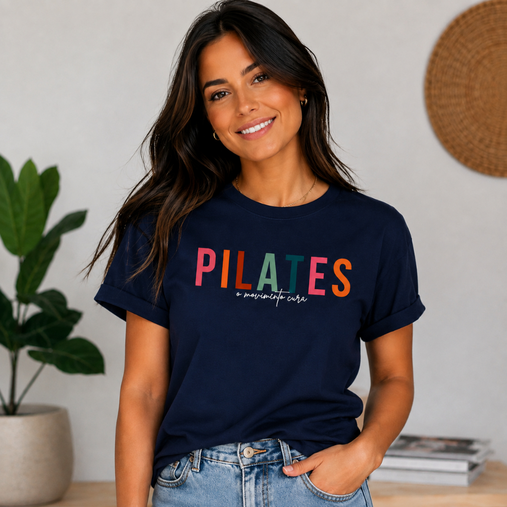 Camiseta Pilates Feminina T-Shirt O Movimento Cura Estampada Manga Curta Confortável Casual Várias Cores
