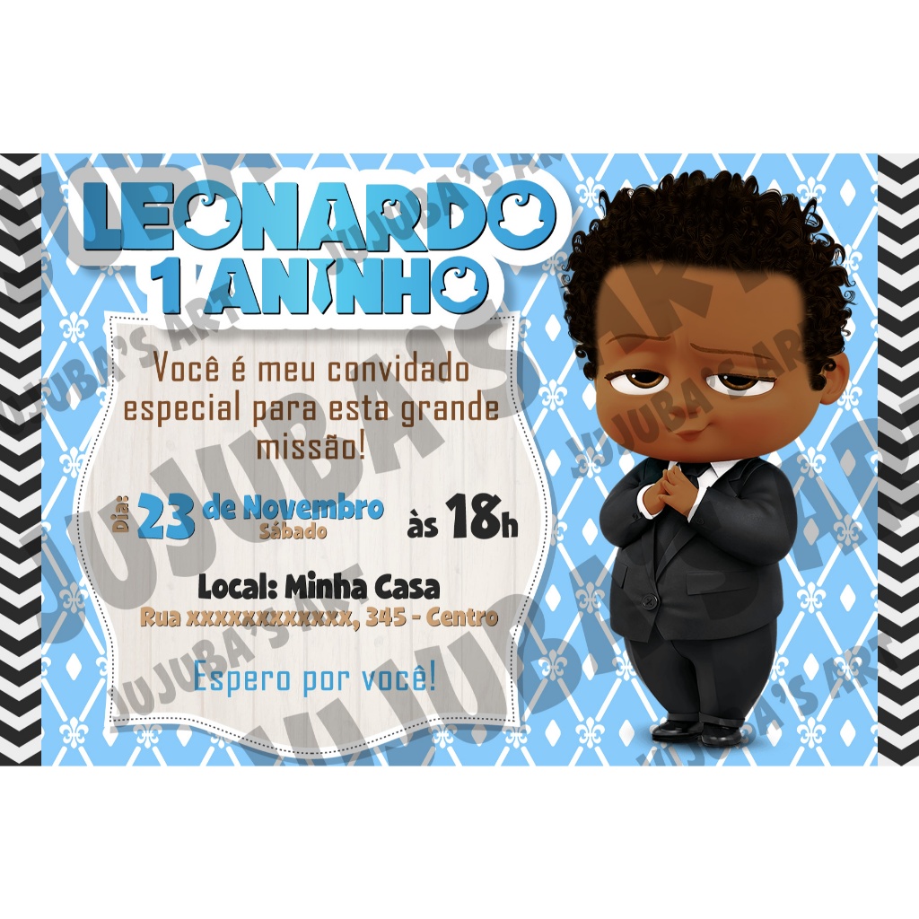 Convite de Aniversário tema O Poderoso Chefinho Negro Personalizado com Envelope Branco
