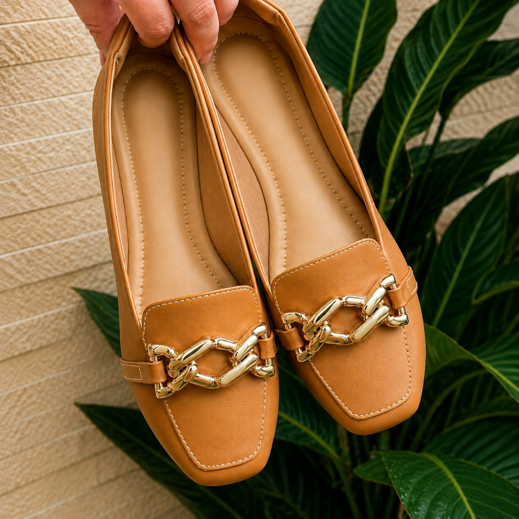 Mocassim Feminino Bico Quadrado Confortavel Calçado Casual Enfeite ABS Dourado  Sapatilha da Moda