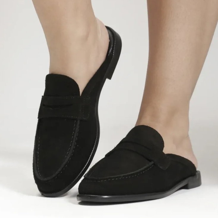 Mule Feminino Mocassim Couro Legítimo Camurça Confortável Bico Fino Elegante Casual Salto Baixo