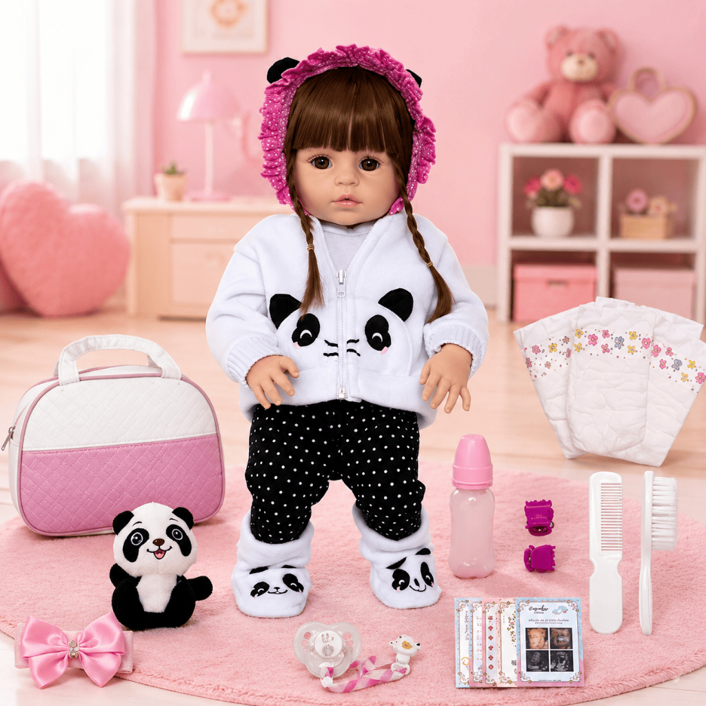 Bebê Reborn Panda de Silicone Realista + Bolsa 21 Acessórios