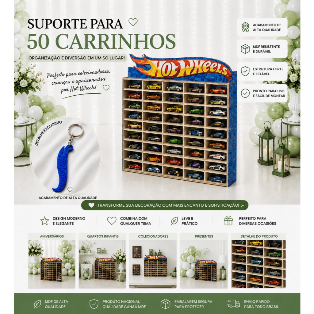 Suporte de parede para 50 carrinhos em mdf adesivado hotwheels AZUL