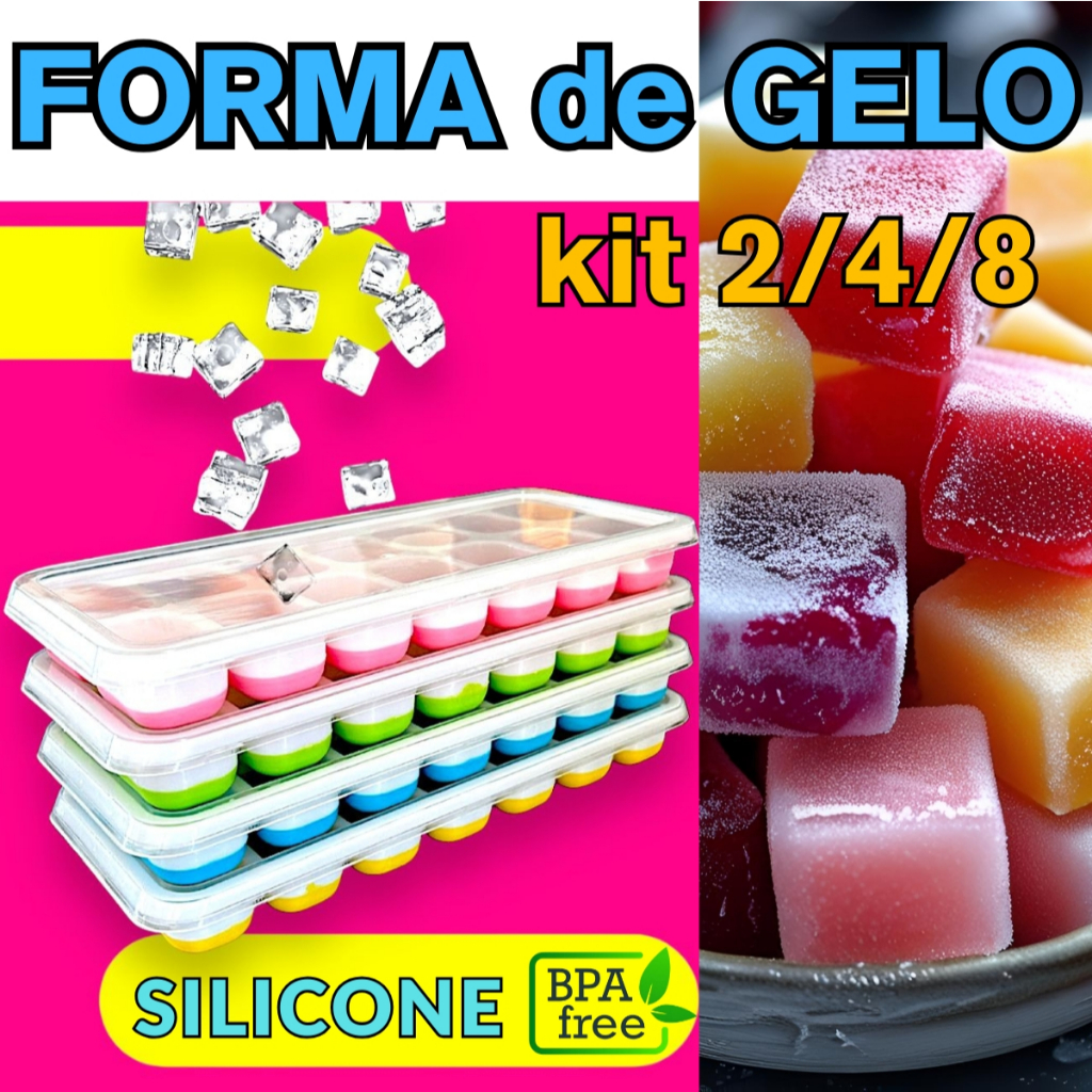 Kit até 08 Formas de Gelo com Tampa em Silicone Colorida Papinha Bebê