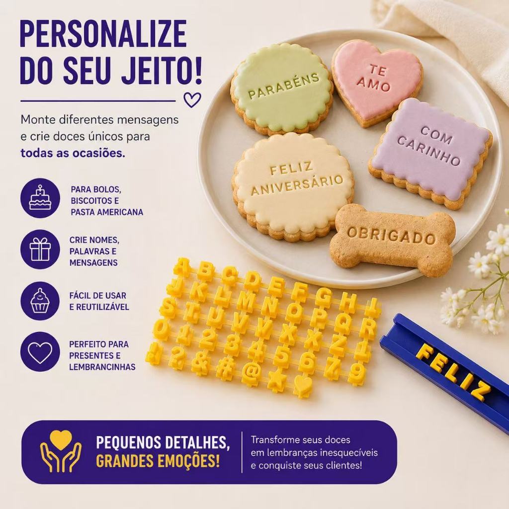 🧁 Kit Letras Carimbo para Confeitaria com Suporte – Personalização de Bolos e Biscoitos DIY