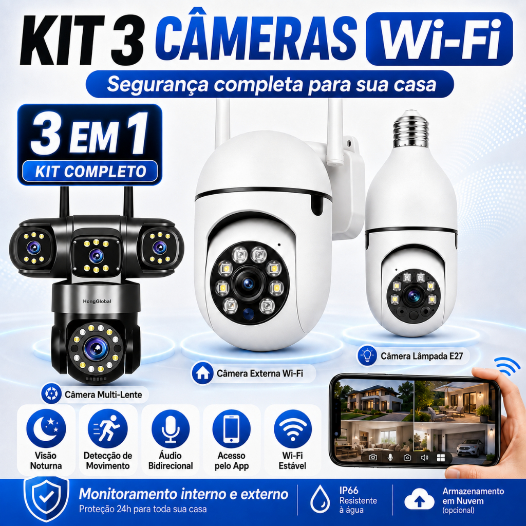 Kit Câmera WiFi 360° 1080P Segurança Lâmpada E27 Externa 3 Lentes Visão Noturna App