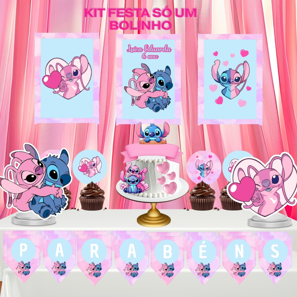 Kit Festa “Só um Bolinho” Personalizado stitch e Angel lembrancinha aniversario alta qualidade desmontado