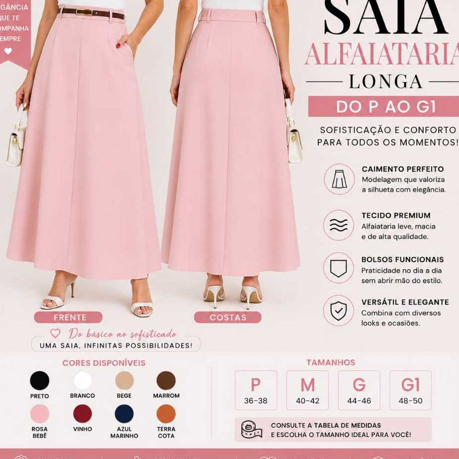 Saia Longa Feminina Alfaiataria com Cintura Alta e Modelagem Elegante P ao G1