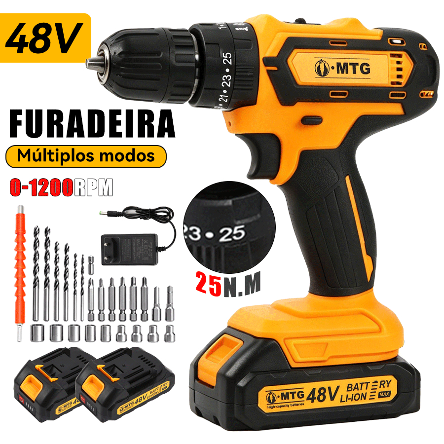Parafusadeira Furadeira 48V Sem Fio 2 Baterias Maleta Completa Impacto 3 Funções e Acessórios