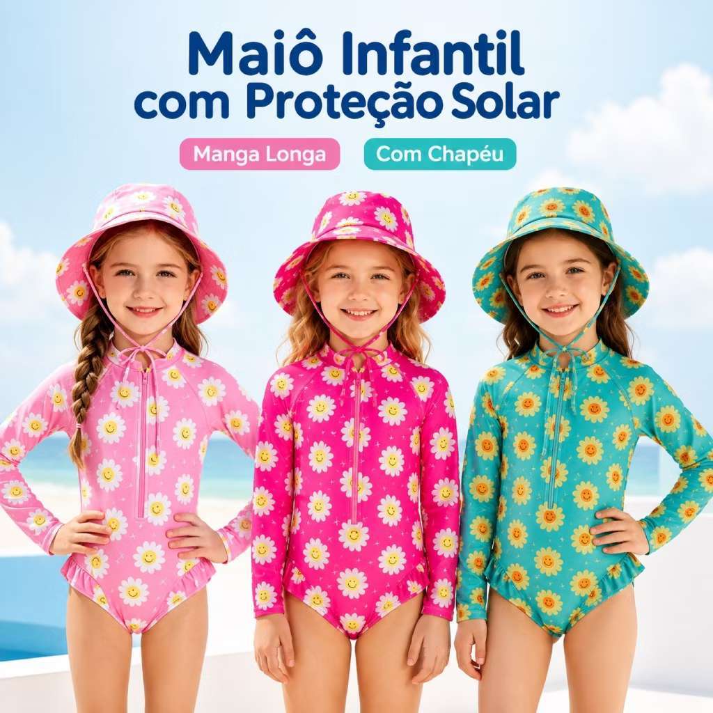 Maiô Infantil Manga Longa Com Chapéu Menina Infantil Bebe Proteção Solar Uv 50 Maio Moda Praia--5102