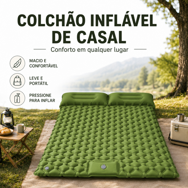 Colchão Inflável Casal 190x120cm para Camping com Travesseiros Integrados Leve Portátil
