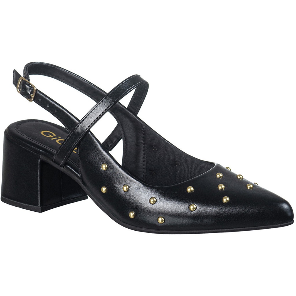 Scarpin Feminino Salto Bloco Médio Tachas Slingback Aberto Tachas Metalizado Bico Fino Conforto Vivian GiGiL