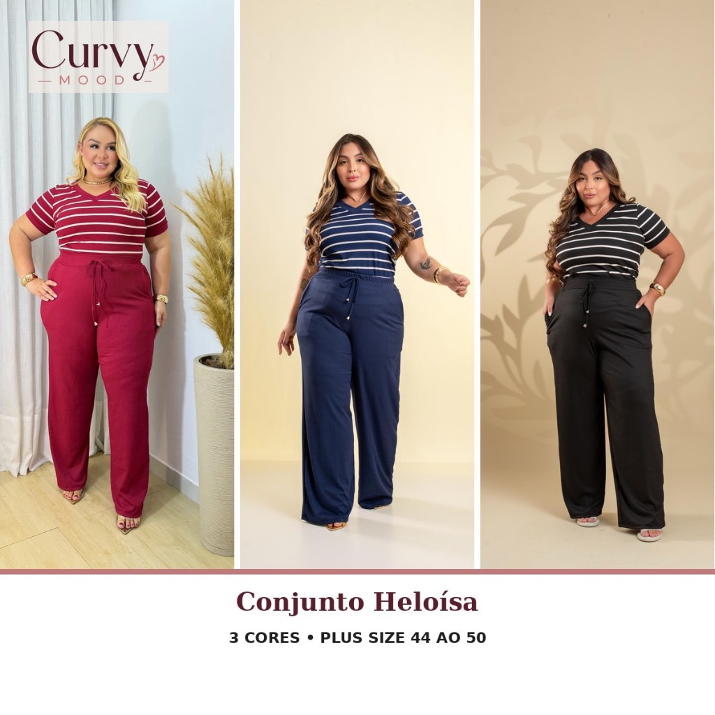 Conjunto Feminino Plus Size Heloísa Calça e Blusa Listrada 46 ao 52