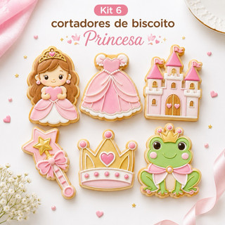 Kit com 6 Cortadores de Biscoito 3D | Princesa | Castelo | Coroa | Sapo | Varinha | Vestido | Moldes para Biscoitos