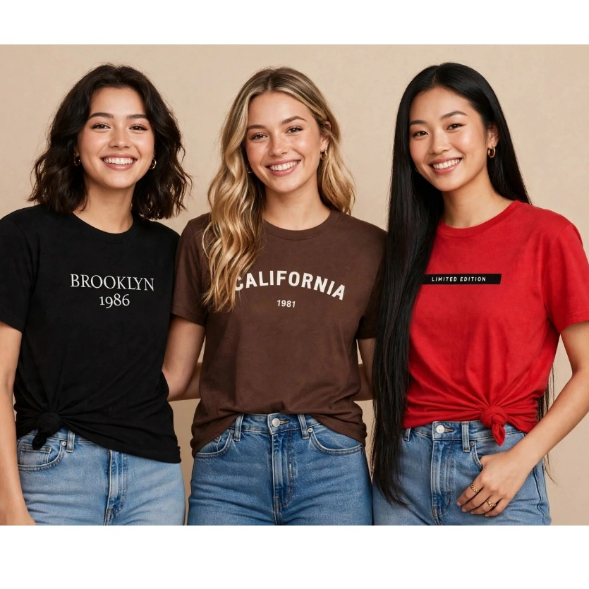 Kit 3 Camisetas Femininas Brooklyn California T-Shirt Estampada Blusa Baby Look Algodão Minimalista Blogueira