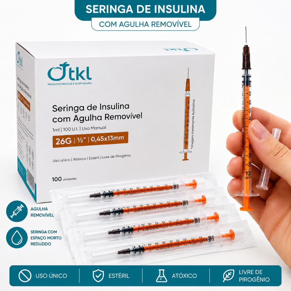 Seringa insulina 1ml 13x0,45mm 100U.I com agulha. TKL 50 Unidades.