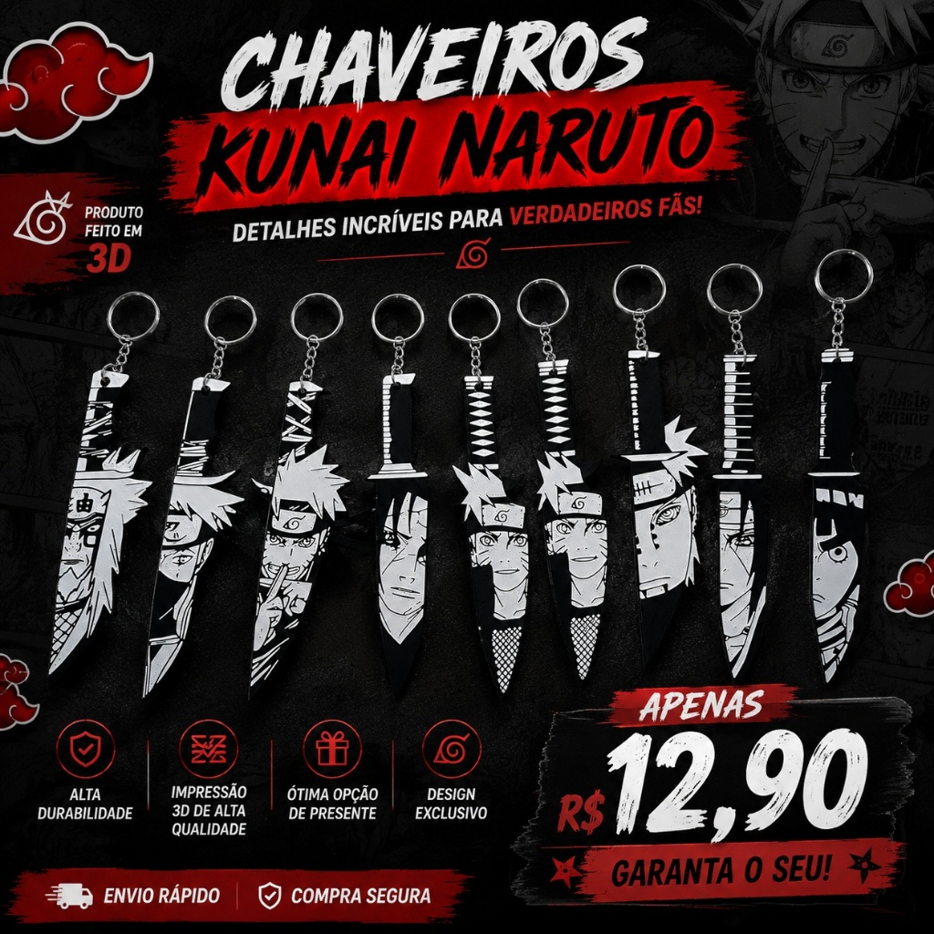 Chaveiro Kunai Naruto 3D – Diversos Personagen