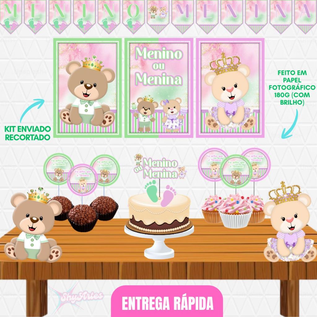 KIT SÓ UM BOLINHO CHÁ REVELAÇÃO URSINHOS - DECORAÇÃO, MENINO OU MENINA, FESTAS, ENFEITES DE MESA