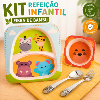 Kit Refeição Infantil Pratinho com Divisórias Talher Tigela para Bebê Criança Fibra de Bambu