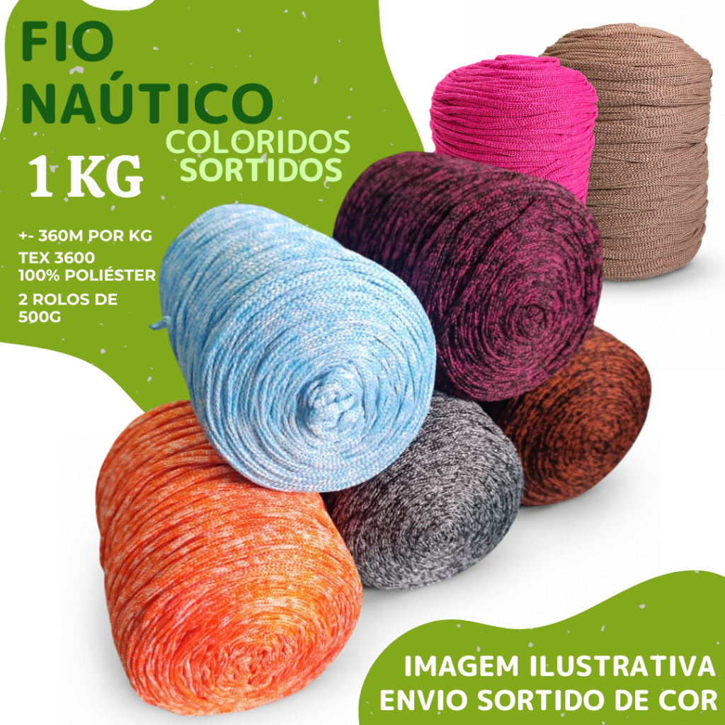 FIO Náutico 4mm 1kg coloridos sortidos, 360m de Cordão para Crochê e Tricô - 100% poliéster