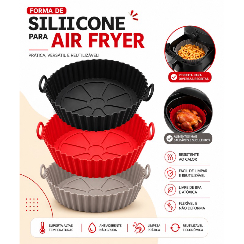 KIT 1/2/3 Forma de Silicone Redonda para Air Fryer Antiaderente Reutilizável Forno Microondas Assadeira Dobrável