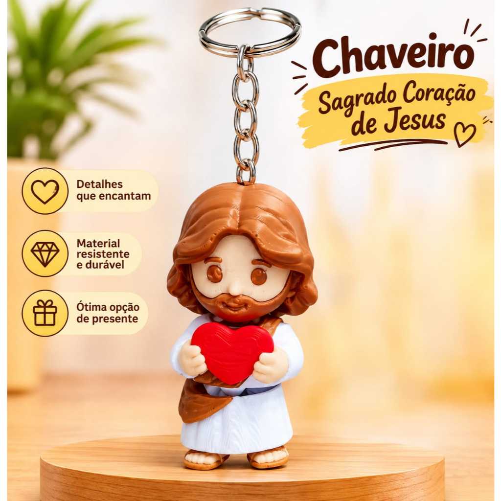 Chaveiro Jesus com Coração Vermelho 3D – Lembrancinha Religiosa Fofa Presente Criativo Católico