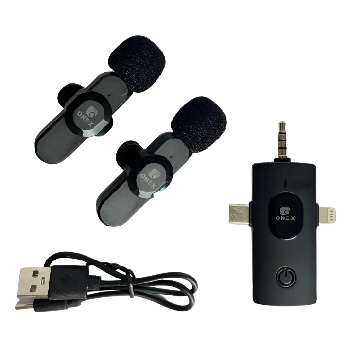 Microfone 3 in 1 Lapela Duplo Sem Fio Entra P2 Type-C e lightning Para Celular ONEX