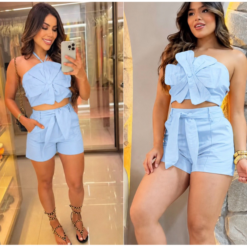 conjunto feminino larisa shorts e cropped flor moda feminina