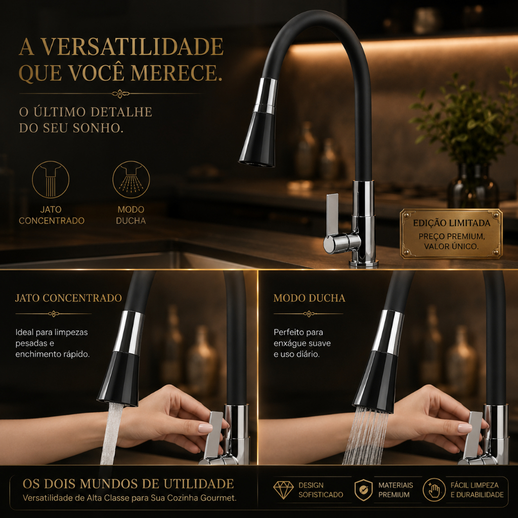 Torneira Black the Lux Gourmet para Bancada - Flexível Silicone Preta 360° Duplo Jato Met…