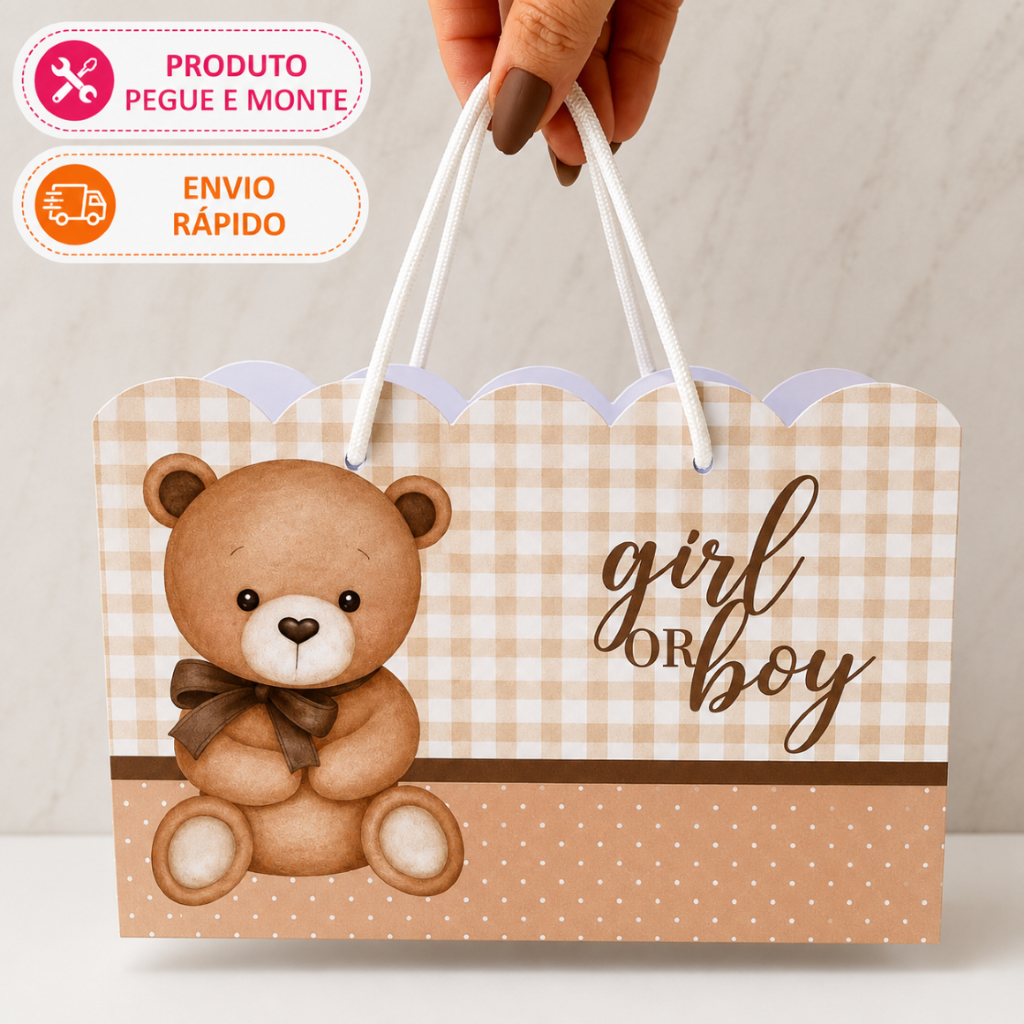 Sacolinha Personalizada Ursinho chá revelação  - Kit 10, 15, 20 e 30 Unidades festa infantil
