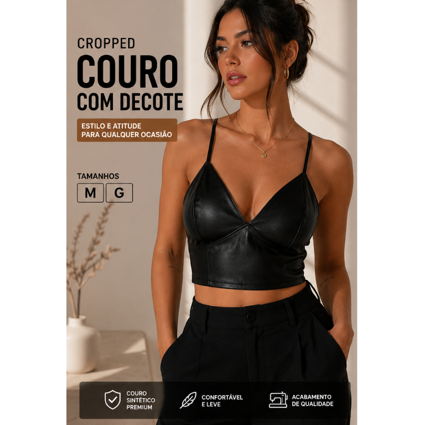 Blusa Feminina Cropped de Couro Com Decote