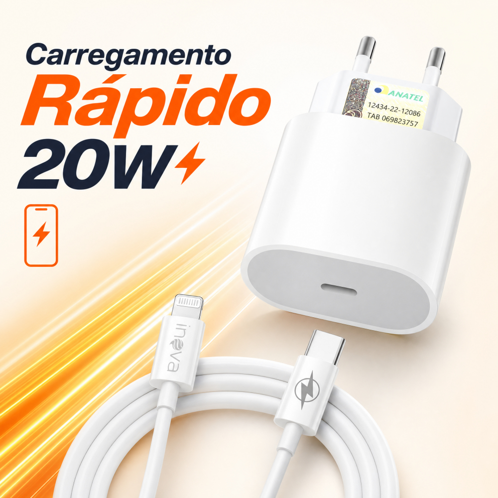 Carregador iPhone Turbo Tipo C Lightning 5V/3A Fonte Celular Rápida Homologado Anatel