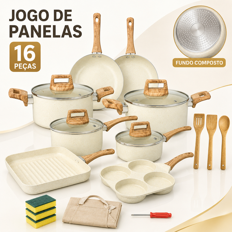 Jogo de Panelas Antiaderente Alumínio Creme Fundo Triplo Indução Gás com Tampas de Vidro Frigideiras e Utensílios