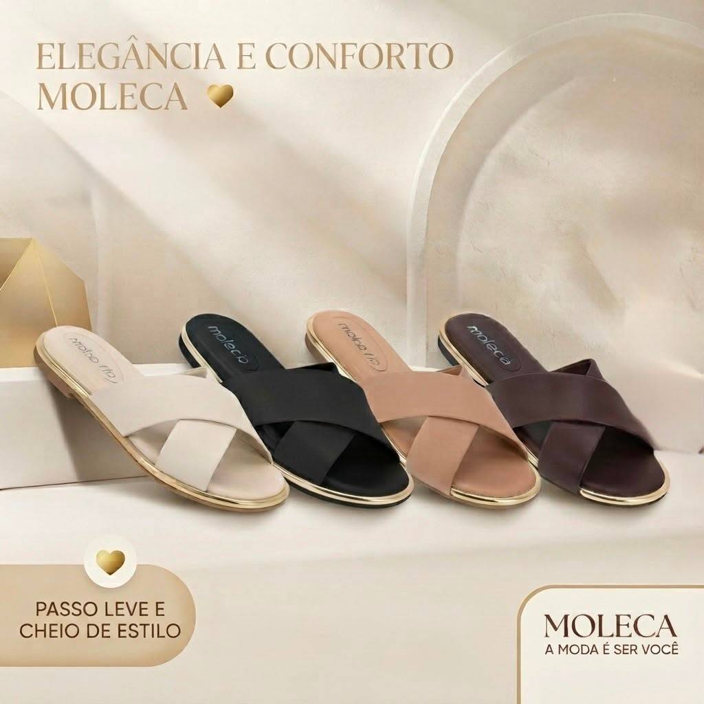 Chinelo Feminino Rasteirinha Moleca Tiras Cruzadas Detalhe Borda Dourada Leve Confortável Original