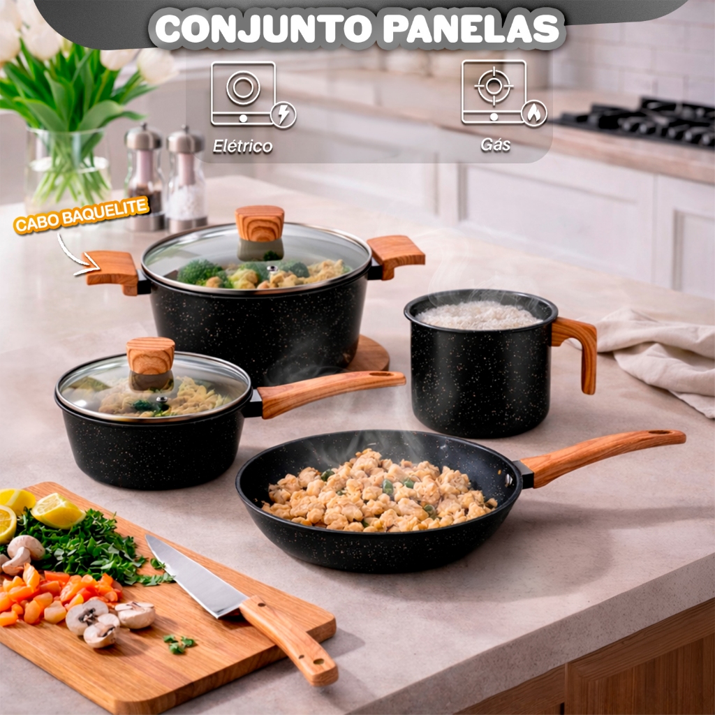 Jogo De Panelas 4 Peças Antiaderente Com Tampa Revestimento Cerâmico